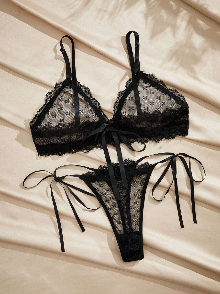 Charlaine French Minimalist Polka Dot Lace Trim Bralette & Panty Set For Women - Black - View 1