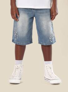 SUMWON Short en jean de style vintage, motif croix, design déchiré. Short ample pour garçons, longueur genou, style classique Jorts pour l'été