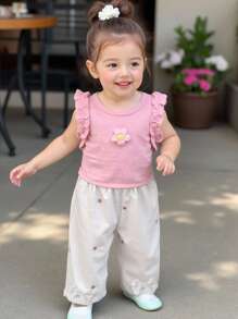 SHEIN 2 件女婴甜美花卉针织提花无袖上衣 + 刺绣阔腿裤套装，夏季 - 粉色 - 查看 6