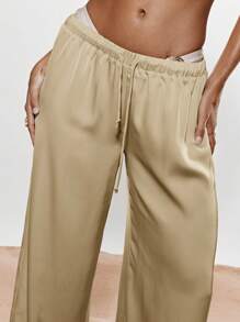 KIZN Pantalon large palazzo en satin, pantalon ample d'intérieur fluide, tenue élégante de villégiature, paréo de plage, léger avec cordon de serrage à la taille