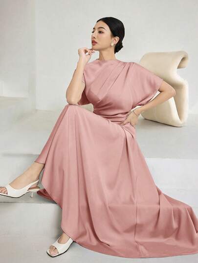 Heiryn Vestido elegante de verano para mujer con cuello redondo, unicolor, cintura entallada y mangas farol