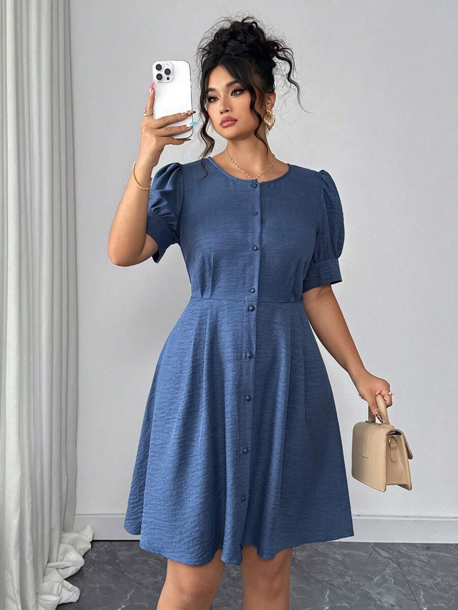 Elenzga Plus Size Crew Neck Denim Effect Short Sleeve A-Line Waist Midi Dress - Blue - View 1