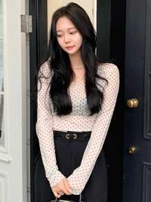 DAZY 女士波尔卡圆点半透视长袖圆领打底上衣，春夏 - 杏色 - 查看 3