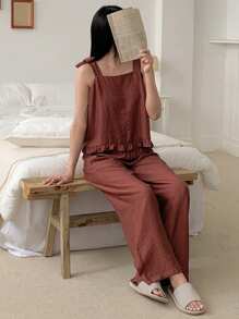 DAZY 女士简约纯色荷叶边下摆吊带背心和裤子睡衣套装，家居服 - 棕色 - 查看 3