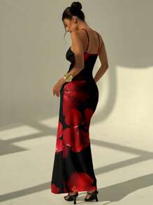 Aloruh Women's Long Floral Slip Dress, Simple Fashion Red Flower Pattern, Suitable For Summer, Holiday, Beach Outfits Suitable For Going Out Chic Dress - Black - View 2