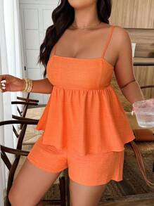 Weeklong 2pcs/Set Plus Size Women Solid Color Ruffle Hem Camisole And Shorts Set, Vacation Outfit - Orange - View 5
