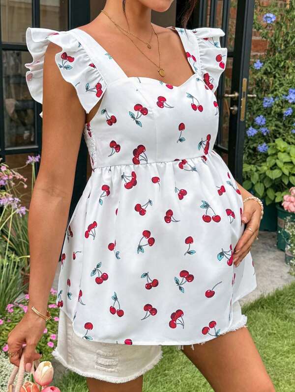 SHEIN Blusa de embarazo con estampado de margaritas y cuadros , con volantes y corte peplum