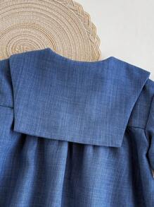 SHEIN Baby Mädchen elegantes Collegeoutfit, süßes blaues Kleid mit Peter Pan Kragen und Schleife, locker geschnitten, Kurzarm