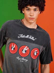 LOONEY TUNES X SHEIN Men's Casual Street Rabbit And Slogan Graphic Pieced Washed Loose Fit T-Shirt, Summer
