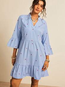 Freevana Plus Size Heart Pattern Blue & White Stripe V-Neck Puff Sleeve Waist A-Line Romantic Beach Short Dress, Valentine,Beach Dress Sundress,Holiday Outfits Boho - Blue and White - View 6