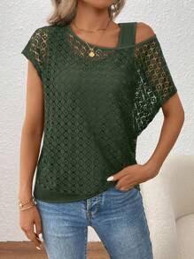 SHEIN LUNE Women's Lace Patchwork Oblique Shoulder Blouse - Army Green - View 1