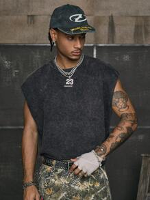 AXEPEAK Camiseta sin mangas de cuello redondo, holgada, con estampado numérico para hombres - Negro - Ver 4