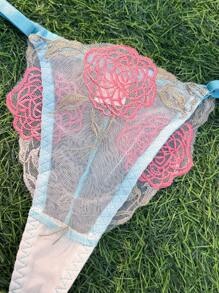 SHEIN 2件套女士玫瑰刺绣撞色性感透明浪漫内衣套装 - 彩色 - 查看 6