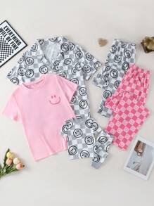 Men's Gray Minimalist Gentlemen Plaid Print Short Sleeve Cardigan And Loose Pants 2-Piece Casual Pajama Set