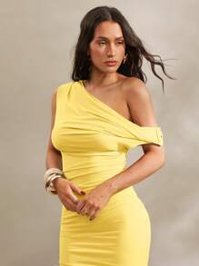 Silquee 女士纯黑色性感优雅不对称肩部甜美荷叶边紧身连衣裙，适合海滩度假、姐妹聚会、外出、春假、泳池派对、欧洲度假、比基尼罩衫、节日装、小屋派对 - 黃色 - 查看 3