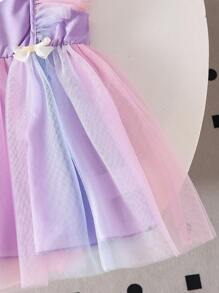 SHEIN 女婴夏季韩版修身可爱粉色雪纺拼接彩色网纱荷叶边蝴蝶结装饰连体连衣裙 - 紫色 - 查看 4