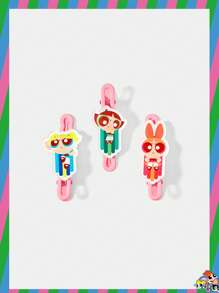 THE POWERPUFF GIRLS X SHEIN 3pcs/Set Cute Blossom, Bubbles, Buttercup Pattern Pink Hair Clips - Pink - View 1