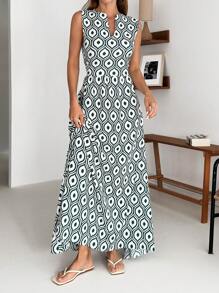 SHEIN Vestido corto de mujer con cuello en V, sin mangas, con estampado todo sobre todo, de textura, para primavera y verano, atuendo diario
