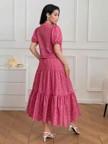 DAZY 女士两件套：镂空刺绣泡泡袖上衣和半身裙 - 粉色 - 查看 2