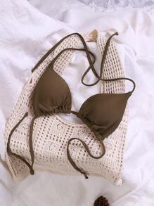 Swim Vcay Áo bikini hở lưng màu trơn gợi cảm đi biển mùa hè cho nữ - Cà phê nâu - Xem 3