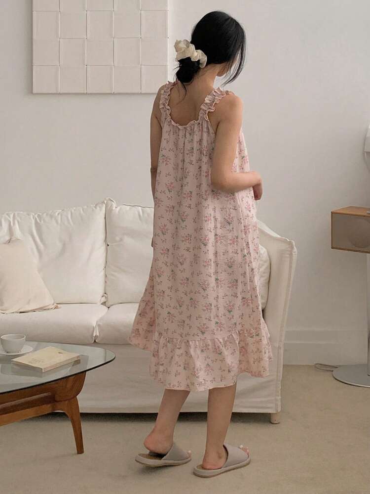 Sweet Floral Frill Trim Camisole Nightgown For Women Pajama, Moo Moo Night Dress