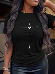 Maweii 大码休闲和心形印花短袖 T 恤，适合夏季 - 黑色 - 查看 1