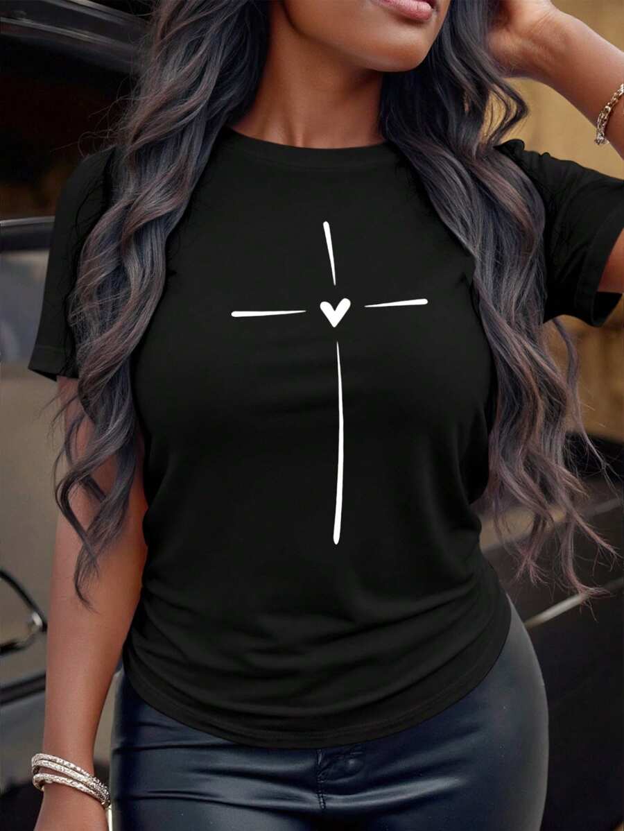 Maweii 大码休闲和心形印花短袖 T 恤，适合夏季 - 黑色 - 查看 1
