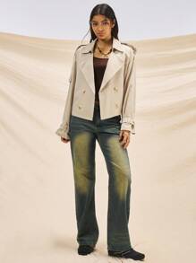 Easelle Trench Coat Early Autumn Coat Thin Windbreaker Top Outdoor Leisure All-Match Lace-Up Windbreaker Early Autumn Long Sleeve Belt Short Boho - Khaki - View 5