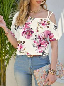 Shutterstock Glamance Camiseta de mujer con estampado floral de un hombro, adecuada para conjuntos de oficina de mujer casual de verano, atuendos de playa para mujer