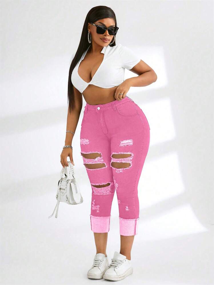 SHEIN SXY Plus Size Women Pink Denim Elastic Ripped Casual Cropped Jeans Autumn For Women Festival Capris For Women - Pink - View 4