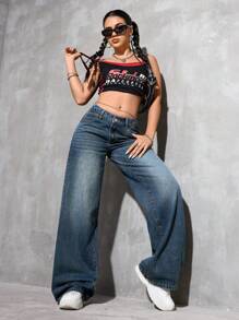 SHEIN PETITE Pantalones vaqueros anchos con pierna acampanada, bolsillos y estilo informal y holgado para mujeres - azul real - Ver 7