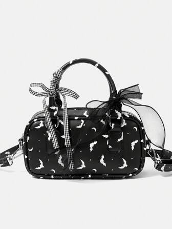 Goth Black Bat Print Goth Style Bow Decor Large Capacity Women Handbag