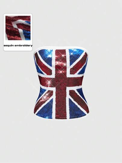 Hippie Top corto con bordado de bandera y cuentas, estilo de estrella pop Y2K para festivales de música