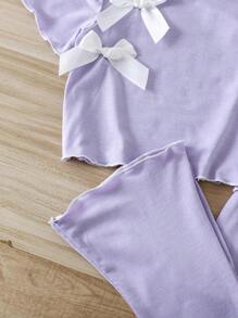 SHEIN Vintaside Kids 2pcs/Set Young Girl Bow Decor Short Sleeve T-Shirt And Shorts Casual Outfit, Summer - Mauve Purple - View 6
