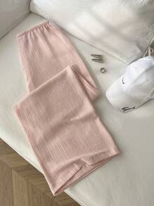 Elamini Quần ống đứng lưng thấp buộc dây màu trơn đơn giản cho nữ - Hồng - Xem 2