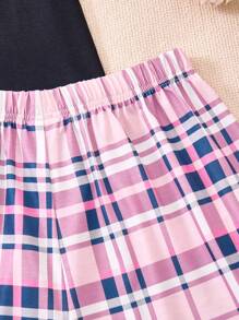 SHEIN 2pcs/Set Dozemod Kids & Teen Girls Casual Loose Letter Graphic Round Neck Short Sleeve T-Shirt And Plaid Shorts Pajamas, Flame Retardant - Purple - View 3