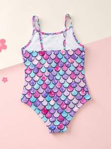 SHEIN Young Girl's One Piece Swimsuit With Knitted Scale Pattern, Spaghetti Strap, Casual Style For Vacation - Multicolor - View 2