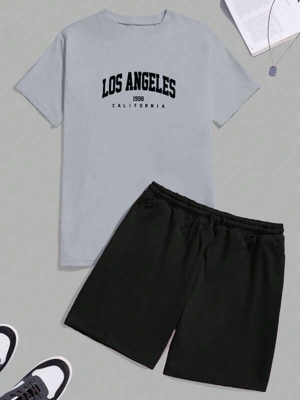 RueChic Set van 2 casual T-shirts met korte mouwen en korte broeken voor heren met letterprint, zomer