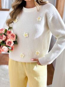 EURMUSE Daisy Delight 3D Floral Embroidered Cozy Knit Sweater  Fall Women Clothes Teacher Outfits For Women Autumn Clothes Daisy Sweater White Sweater Women Womens Pullover Sweater Sweater For Women Jumper For Women,Jumpers,Women's Jumpers - Beige - View 2