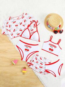 Conjunto de bebé niña con Top de bikini con estampado de cerezas de tirantes finos, blusa de cuello redondo de manga corta y cubrecuerpo de malla para playa y vacaciones - Multicolor - Ver 1