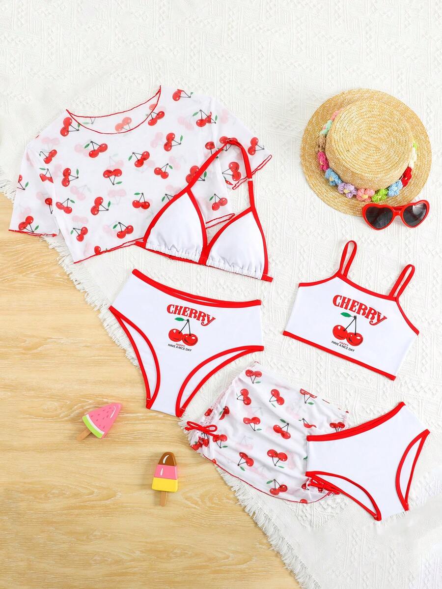 Conjunto de bebé niña con Top de bikini con estampado de cerezas de tirantes finos, blusa de cuello redondo de manga corta y cubrecuerpo de malla para playa y vacaciones - Multicolor - Ver 1