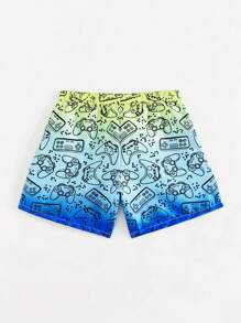 小男孩游戏控制器渐变印花抽绳沙滩短裤，家庭装妈妈和我（4 件单独出售） - 藍色 - 查看 2