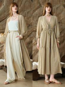 EMERY ROSE 法式时尚宽松舒适印花泡泡袖连衣裙，高档衬衫裙 - 黃色 - 查看 4