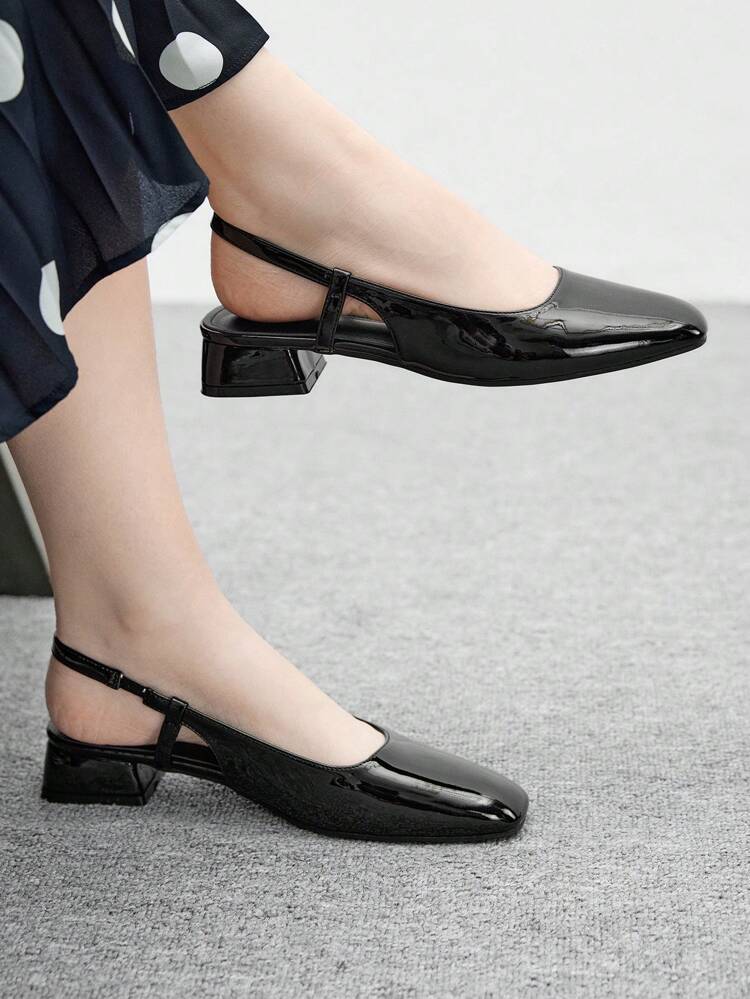 CUCCOO BIZCHIC Round Toe Low Block Heel All-Match Black Comfortable Commuter Versatile Work/Casual Slingback Flats For Christmas Spring Shoes