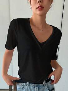 DAZY 宽松短袖V领女士T恤夏季 - 黑色 - 查看 1