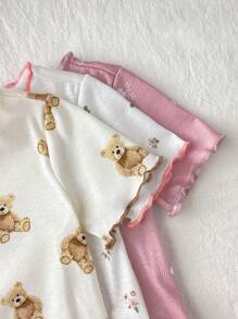 SHEIN LMoss Kids 6 件套女婴可爱卡通熊和花卉图案荷叶边圆领短袖上衣和裤子针织睡衣套装，休闲舒适 - 彩色 - 查看 7