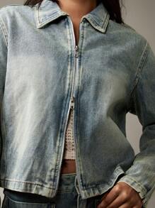 MISSGUIDED Style vintage Veste en jean trucker Zip avant rétro Distressed Vêtement décontracté classique pour tous les jours Automne Printemps Extérieur Design occidental Mode - Jean clair - Voir 4