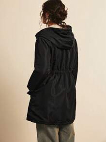 SHEIN LUNE Plus Size Waisted Hooded Jacket, For Winter Fall Autumn - Black - View 2