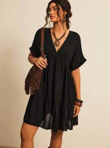 Freevana 大碼蝙蝠袖荷葉邊娃娃裙 - 黑色 - 查看 3