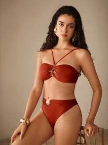 Elaire Women Summer Beach Solid Color Metal Decor Sexy Bikini Bottom - Mocha Brown - View 7